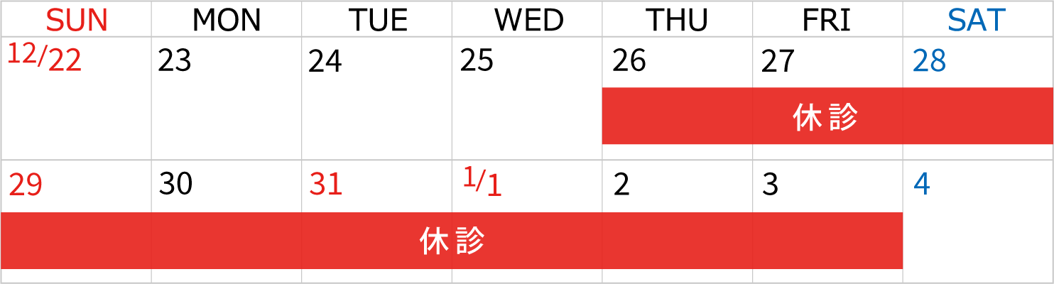 年末年始の休診日カレンダー