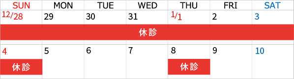 年末年始の休診日カレンダー 2025年12月29日（月）～2026年1月4日（日）休診